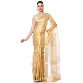 Floral Embroidered Mustard & Gold Tissue Saree with Blouse Piece