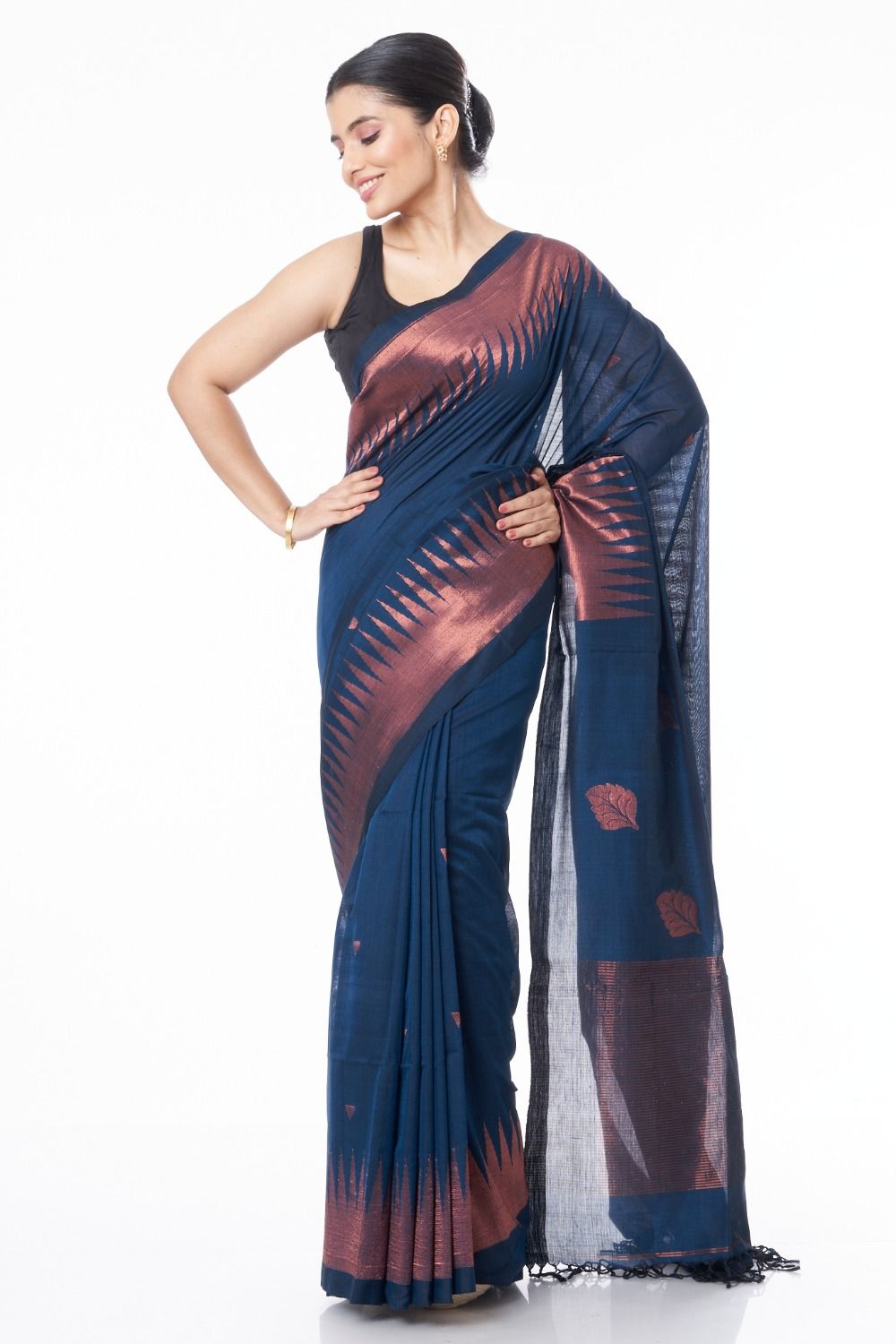 Royal Blue Color Half Tussar Diffrent Pallu Saree With Contrast Matching Blouse