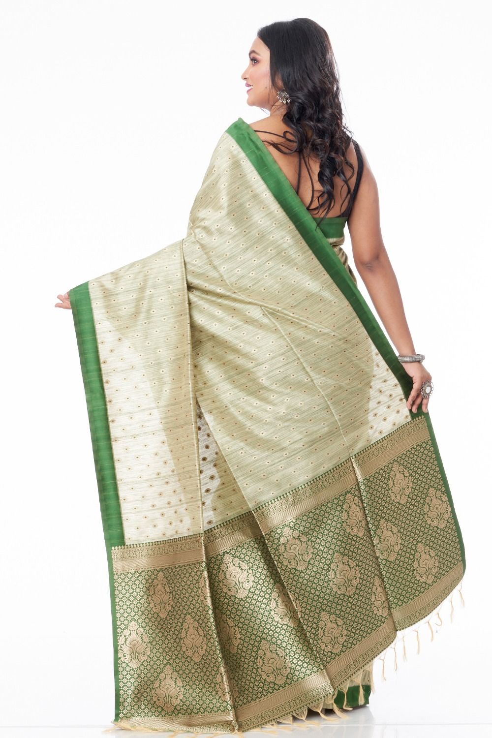 Pale Pista Color Half Tussar Differnt Pallu Saree With Contrast Matching Blouse