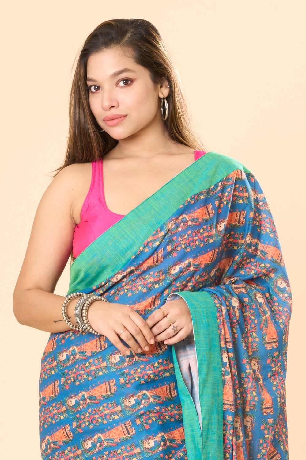 Multicolour Blue striking blue base blended cotton adorned with intricate multicolour ...