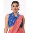 BURNT PEACH GHICHHA SILK, SELF THREAD DESIGN ON PALLU WITH SMART COLLAR, FRONT ZIP BLUE COTTON IKKAT BLOUSE