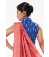 BURNT PEACH GHICHHA SILK, SELF THREAD DESIGN ON PALLU WITH SMART COLLAR, FRONT ZIP BLUE COTTON IKKAT BLOUSE