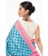 FEROZA BLUE TUSSAR GHICHHA ALL OVER PRINT, CONTRAST STRIPED PALLU, PAIRED WITH V NECK COTTON HAKOBA, BACK COVERED 