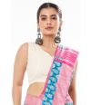 FEROZA BLUE TUSSAR GHICHHA ALL OVER PRINT, CONTRAST STRIPED PALLU, PAIRED WITH V NECK COTTON HAKOBA, BACK COVERED 