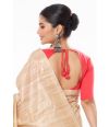 KETIYA TUSSAR PLAIN BODY, RED CONTRAST PALLU, LIGHT GOLDEN BORDER TEAMED WITH GORGEOUS RED COTTON SILK ROUND NECK, BACKLESS BLOUSE (PADDED)