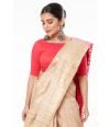 KETIYA TUSSAR PLAIN BODY, RED CONTRAST PALLU, LIGHT GOLDEN BORDER TEAMED WITH GORGEOUS RED COTTON SILK ROUND NECK, BACKLESS BLOUSE (PADDED)