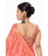 PEACH AMRAPALI SILK WITH ALL OVER ZARI STRIPE PAIRED WITH FEATHER SOFT LINEN KALAMKARI PRINT BLOUSE