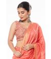 PEACH AMRAPALI SILK WITH ALL OVER ZARI STRIPE PAIRED WITH FEATHER SOFT LINEN KALAMKARI PRINT BLOUSE