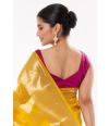 YELLOW SOFT ORGANZA BANARASI GOLDEN ZARI BUTA, GOLDEN BORDER TEAMED WITH PURPLE SOFT COTTON BLEND SELF WORK BLOUSE