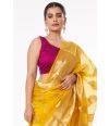 YELLOW SOFT ORGANZA BANARASI GOLDEN ZARI BUTA, GOLDEN BORDER TEAMED WITH PURPLE SOFT COTTON BLEND SELF WORK BLOUSE