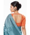 TEAL BLUE GHICHHA SILK, SELF THREAD DESIGN ON PALLU TEAMED WITH RUSTY ORANGE COTTON IKKAT