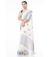 PURE COTTON HANDLOOM SAREE, OFF WHITE BODY WITH BLUE THREAD WORK ON PALLU & BORDER WITH MATCHING BLOUSE PIECE