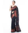 PURE COTTON HANDLOOM SAREE BLACK CONTRAST COPPER ZARI PALLU & BORDER WITH MATCHING BLOUSE PIECE