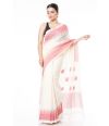 PURE COTTON HANDLOOM SAREE, OFF WHITE BODY WITH RED THREAD WORK ON PALLU & BORDER WITH MATCHING BLOUSE PIECE