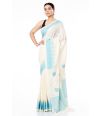 PURE COTTON HANDLOOM SAREE, OFF WHITE BODY WITH BLUE THREAD WORK ON PALLU & BORDER WITH MATCHING BLOUSE PIEC