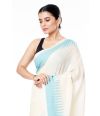 PURE COTTON HANDLOOM SAREE, OFF WHITE BODY WITH BLUE THREAD WORK ON PALLU & BORDER WITH MATCHING BLOUSE PIEC