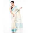 PURE COTTON HANDLOOM SAREE, OFF WHITE BODY WITH BLUE THREAD WORK ON PALLU & BORDER WITH MATCHING BLOUSE PIEC