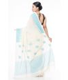 PURE COTTON HANDLOOM SAREE, OFF WHITE BODY WITH BLUE THREAD WORK ON PALLU & BORDER WITH MATCHING BLOUSE PIEC