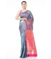 BLUE (DUAL TONE) KATAN SILK WITH ZARI BUTA ALL OVER, PINK CONTRAST ZARI PALLU WITH CONTRAST PINK BLOUSE PIECE