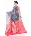 BLUE (DUAL TONE) KATAN SILK WITH ZARI BUTA ALL OVER, PINK CONTRAST ZARI PALLU WITH CONTRAST PINK BLOUSE PIECE