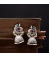 PEACOCK MOTIF SILVER JHUMKA WITH DELICATE PEARL ACCENTS