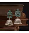 OXIDISED SILVER JHUMKA EARRING WITH CASCADING GREEN TEARDROP STONES, FLORAL MOTIF & DELICATE PEARL DROPS