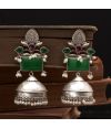 OXIDISED SILVER JHUMKA EARRINGS WITH GREEN & MAROON STONES