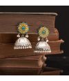 YELLOW & GREEN STONE OXIDISED JHUMKA IN FLORAL DESIGN WITH PEARL ACCENT 