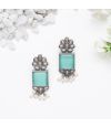 TURQUOISE SQUARE SILVER EARRINGS WITH FLORAL DESIGN