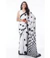 WHITE BODY BLACK POLKA DOTTED MARBLE CHIFFON SAREE, WITH CONTRAST BLACK BLOUSE PIECE