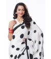 WHITE BODY BLACK POLKA DOTTED MARBLE CHIFFON SAREE, WITH CONTRAST BLACK BLOUSE PIECE