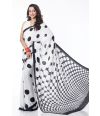 WHITE BODY BLACK POLKA DOTTED MARBLE CHIFFON SAREE, WITH CONTRAST BLACK BLOUSE PIECE