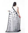 WHITE BODY BLACK POLKA DOTTED MARBLE CHIFFON SAREE, WITH CONTRAST BLACK BLOUSE PIECE