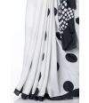 WHITE BODY BLACK POLKA DOTTED MARBLE CHIFFON SAREE, WITH CONTRAST BLACK BLOUSE PIECE