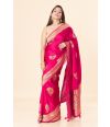 Regal Red Mashroo Silk Saree with Exquisite Peacock Thread work, Subtle Zari Border & MATCHING BLOUSE PIECE