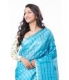 SAPPHIRE BLUE TUSSAR, SELF CHECKS WITH NARROW GOLD ZARI BORDER & MATCHING BLOUSE PIECE