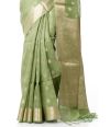 PISTA GREEN LINEN BANARASI WITH ALL OVER ZARI BUTA, ZARI BORDER WITH MATCHING ZARI BUTA BLOUSE PIECE