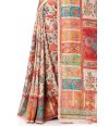 GUJRATI PATOLA SILK SAREE WITH FLORAL THREADWORK ALL OVER BODY AND CONTRAST RED BLOUSE PIECE