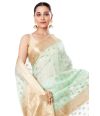 MINT GREEN BODY LINEN BANARASI WITH ALL OVER ZARI BUTA, CONTRAST BORDER, AND CONTRAST BLOUSE PIECE