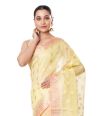 LEMON YELLOW & PEACH LINEN BANARASI WITH ALL OVER ZARI BUTA, CONTRAST BORDER, AND CONTRAST BLOUSE PIECE