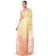 LEMON YELLOW & PEACH LINEN BANARASI WITH ALL OVER ZARI BUTA, CONTRAST BORDER, AND CONTRAST BLOUSE PIECE