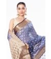 INK BLUE LINEN BANARASI WITH ALL OVER ZARI BUTA, CONTRAST BORDER, AND CONTRAST BLOUSE PIECE