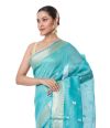 AQUA BLUE LINEN BANARASI WITH ALL OVER ZARI BUTA, ZARI BORDER, AND MATCHING BLOUSE PIECE