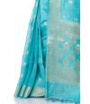 AQUA BLUE LINEN BANARASI WITH ALL OVER ZARI BUTA, ZARI BORDER, AND MATCHING BLOUSE PIECE