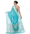 AQUA BLUE LINEN BANARASI WITH ALL OVER ZARI BUTA, ZARI BORDER, AND MATCHING BLOUSE PIECE