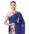 NAVY BLUE GHICHHA TUSSAR, CONTRAST PALLU & ZARI BORDER WITH CONTRAST RED BLOUSE PIECE