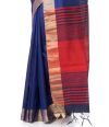 NAVY BLUE GHICHHA TUSSAR, CONTRAST PALLU & ZARI BORDER WITH CONTRAST RED BLOUSE PIECE