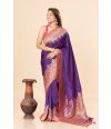 PURPLE KANNI SILK SAREE WITH RICH TREAD WORK ON BORDER & PALLU AND ALL OVER WORK ON CONTRAST PINK BLOUSE PIECE