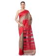 MUGA TUSSAR GHICHHA, TEMPLE BORDER WITH IKKAT PALLU,  RED CONTRAST BLOUSE PIECE