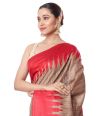 MUGA TUSSAR GHICHHA, TEMPLE BORDER WITH IKKAT PALLU,  RED CONTRAST BLOUSE PIECE